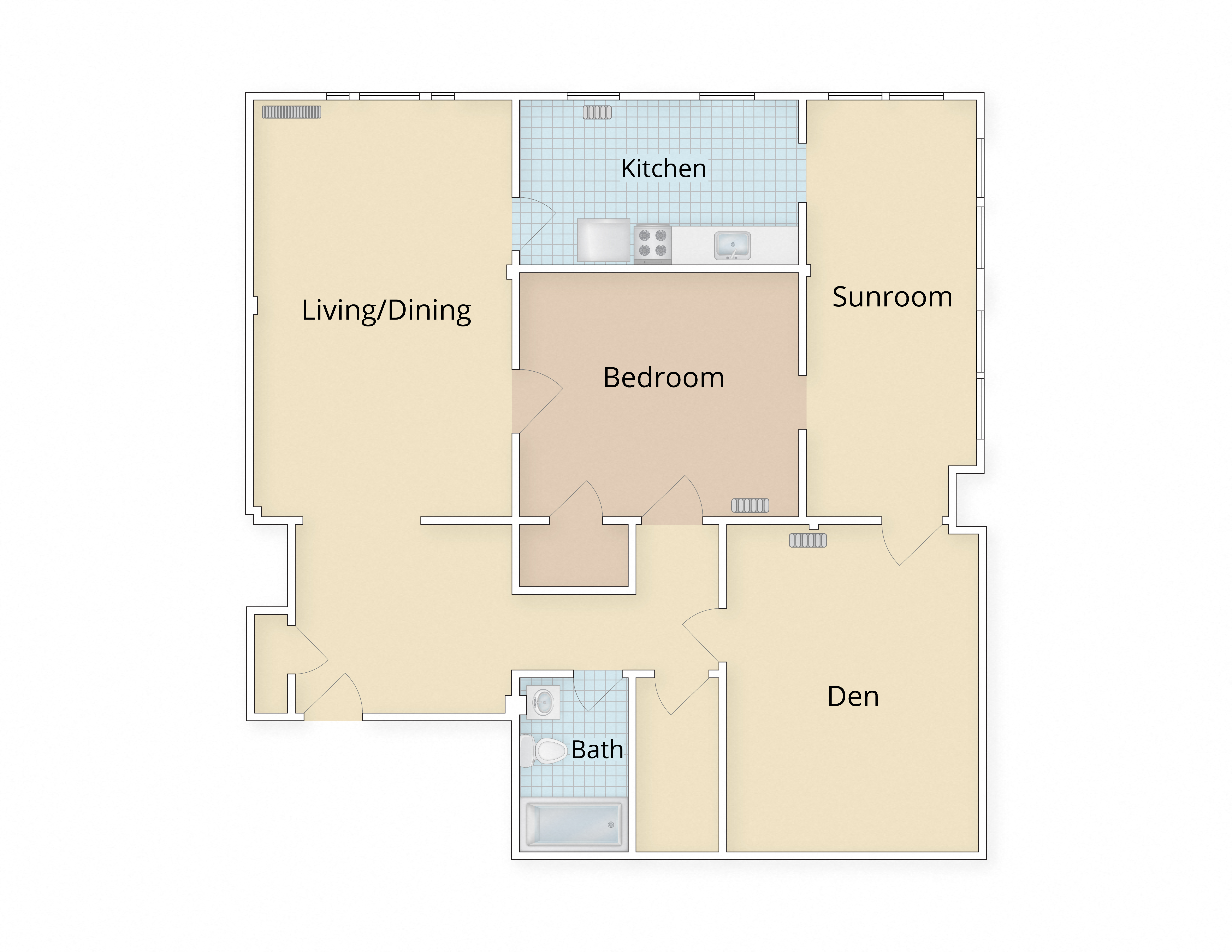 Floor plan for 1 bed, 1 bath, 1220 sqft